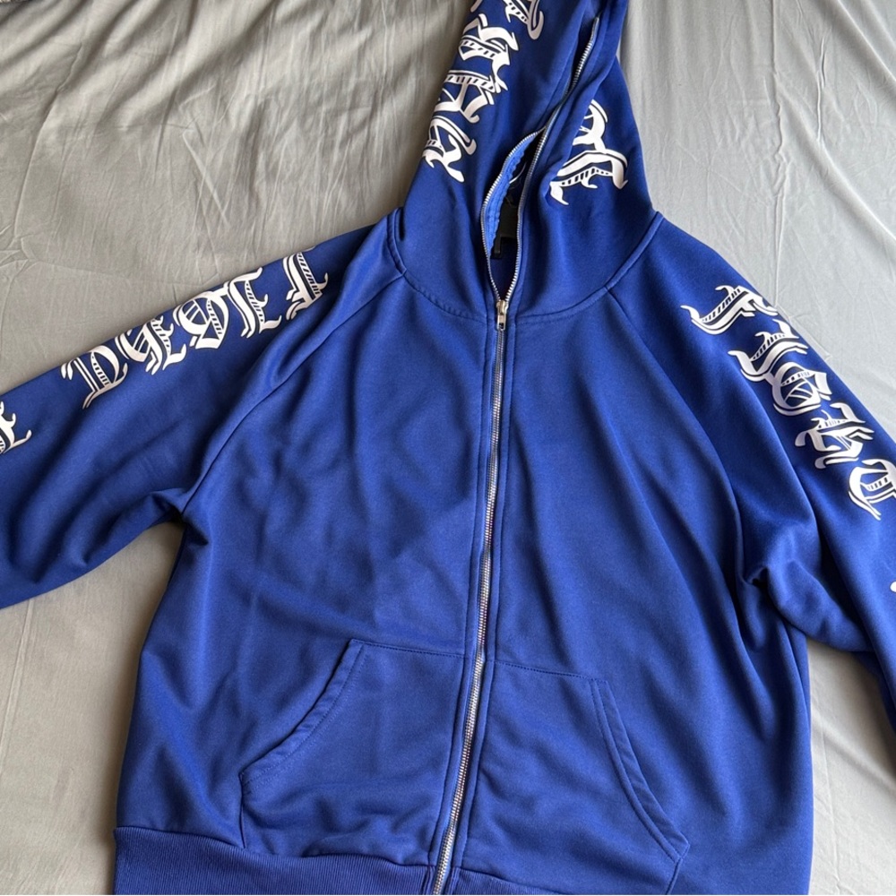 Blue Zip-Up Hoodie with White Lettering